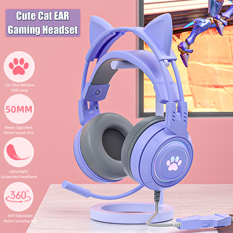 Pc Gaming Earphones - ชุดหูฟังสำหรับเด็กผู้หญิงสีชมพู, Headphone GAMING หูแมวน่ารักพร้อมไมค์ลดเสียงรบกวน RGB อุปกรณ์เสริมสำหรับ