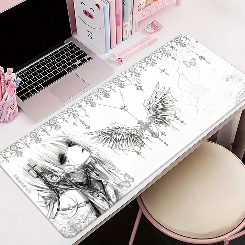Gaming Desk Mat - แผ่นรองเมาส์หนังสีดำสีขาวอะนิเมะความงามของสาวนางฟ้าแผ่นรองเมาส์อุปกรณ์สำนักงานคีย์บอร์ดเกมพีซีอีสปอร์ต HD แผ่นรองโต๊ะ